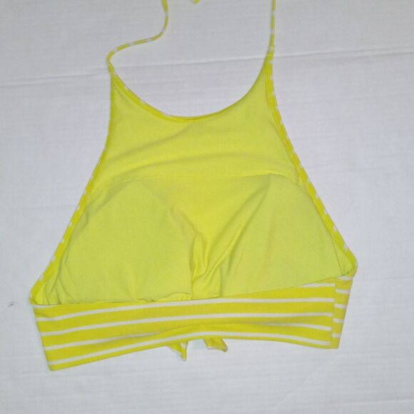 Aerie High Neck Crop Halter Swimsuit Top-Large-Tie Front-Yellow Stripe-Lined - Picture 4 of 8